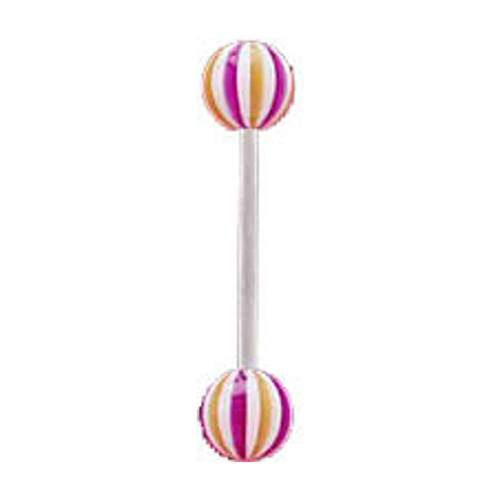 Surgical Steel 14 Gauge Barbell with Purple Orange Stripe UV Beads