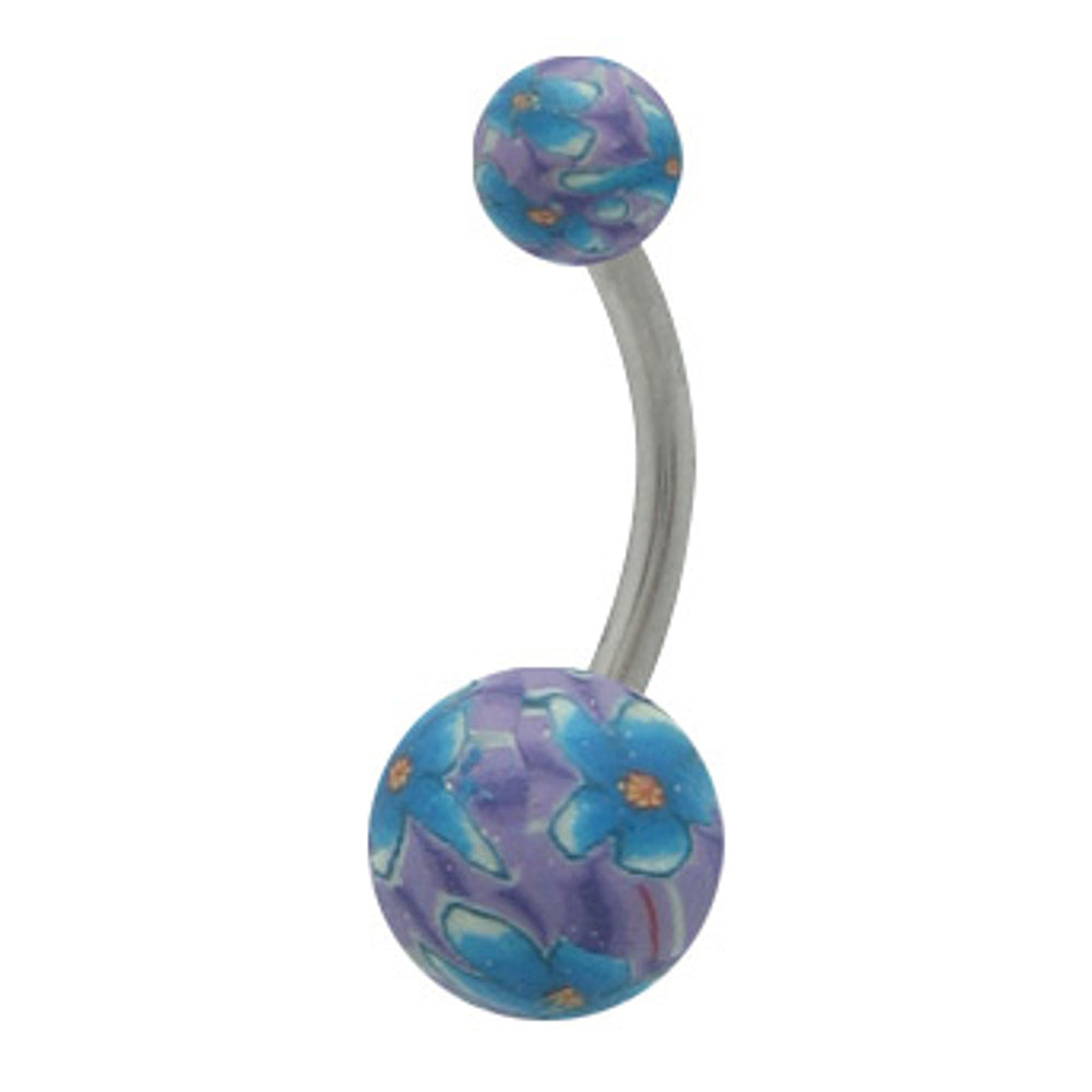 Surgical Steel 14 Gauge Belly Ring with Blue Flower on Purple Ball