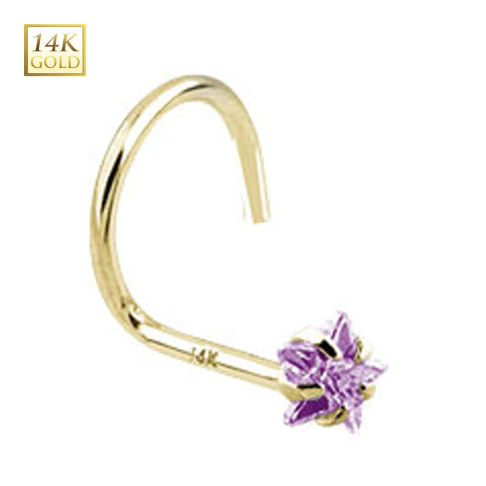 14K Solid Gold 18 to 20 Gauge Nose Screw with Purple CZ Star