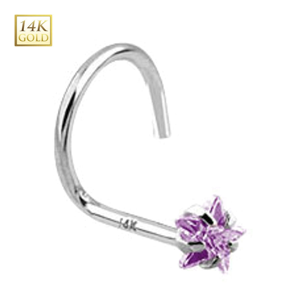 14K White Gold Nose Stud with Purple Star CZ - 18 & 20 Gauge