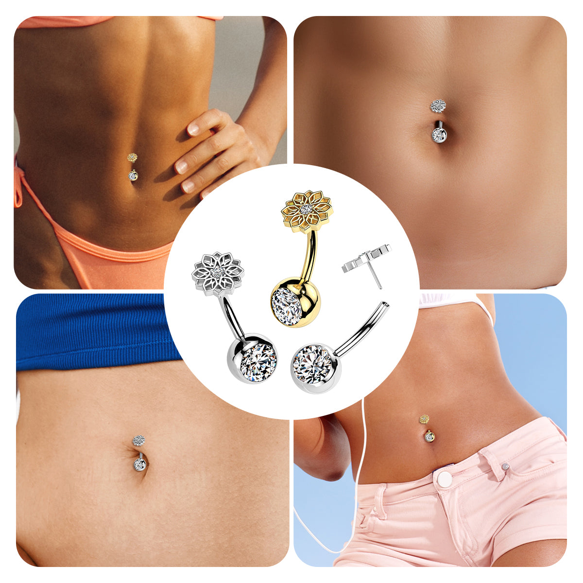 Titanium Belly Ring 14G 10mm with Lotus Flower CZ - photo 2
