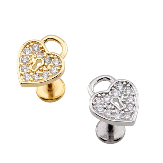Surgical Steel 18 Gauge Labret Stud with Push Heart Lock CZ