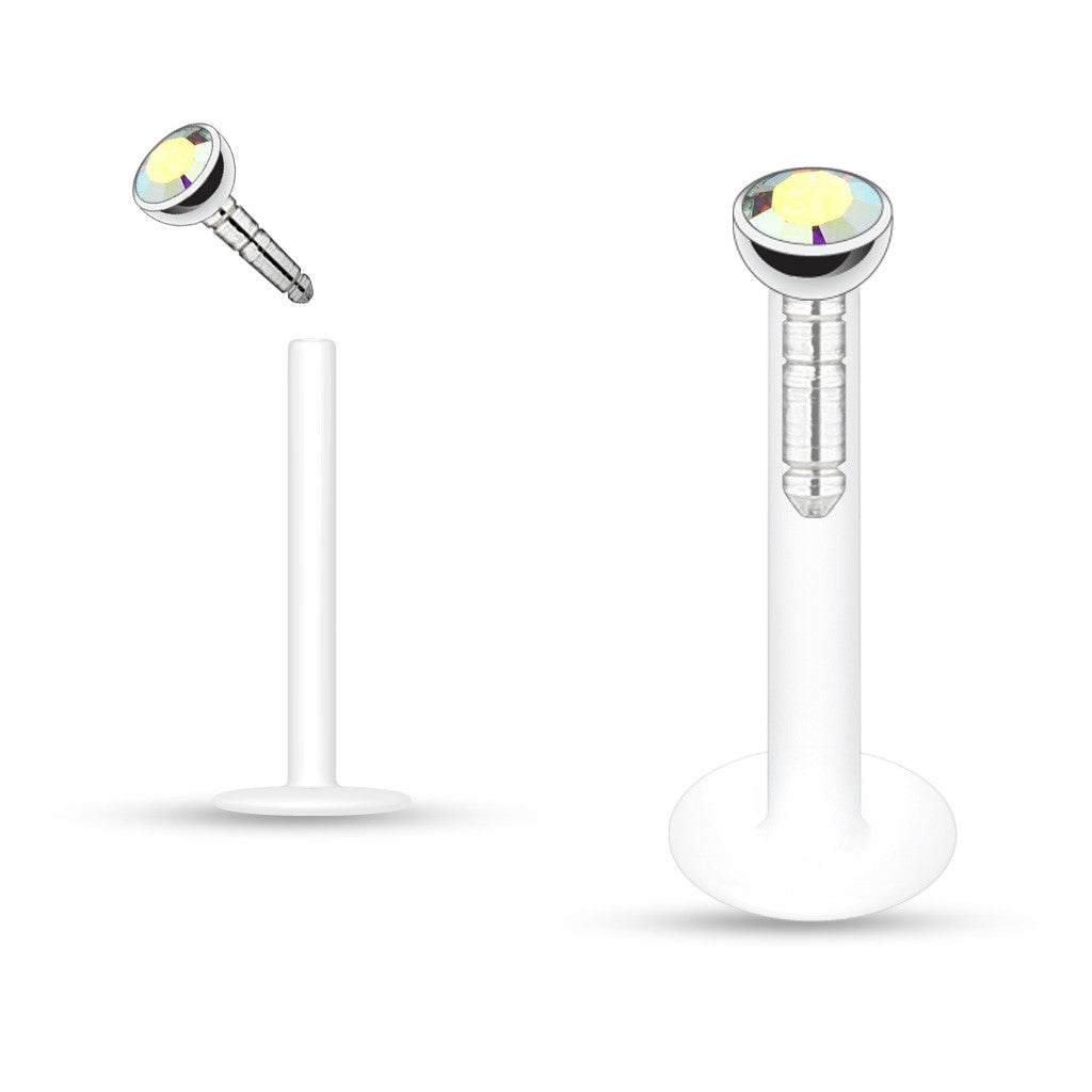 Surgical Steel 16 Gauge Push In Labret Monroe with Press Fit Gem
