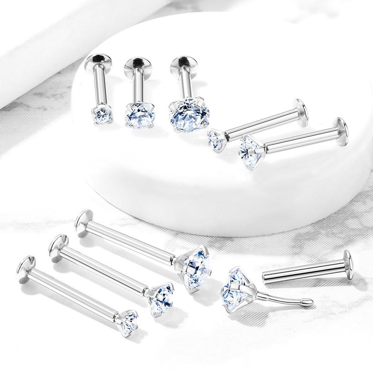 Surgical Steel Labret Stud 20 & 18 Gauge Threadless Flat Back CZ Gem