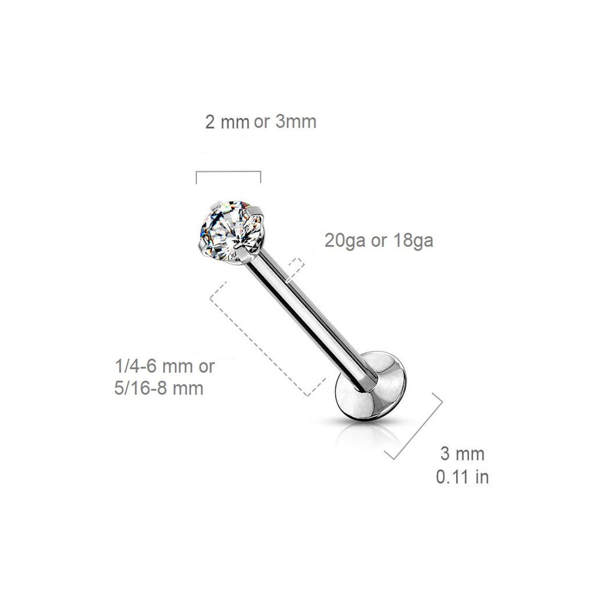 Surgical Steel Labret Stud 20 & 18 Gauge Threadless Flat Back CZ Gem - Kruelty - Photo 6