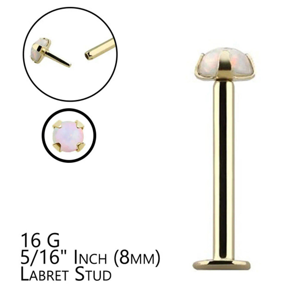 14K Solid Gold 16 Gauge Labret Stud with Push In Synthetic Opal - photo 6
