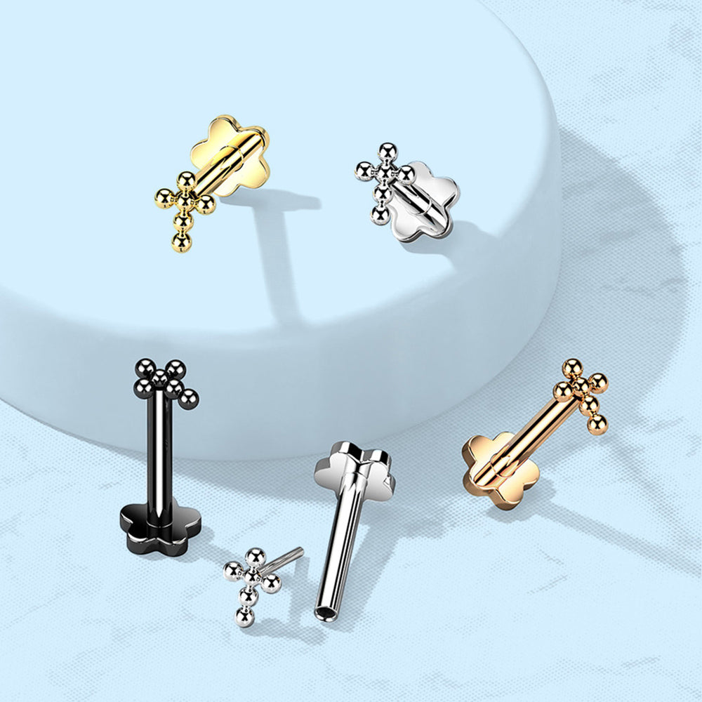 Titanium 16 to 20 Gauge Beaded Ball Cross Flat Back Labret Stud