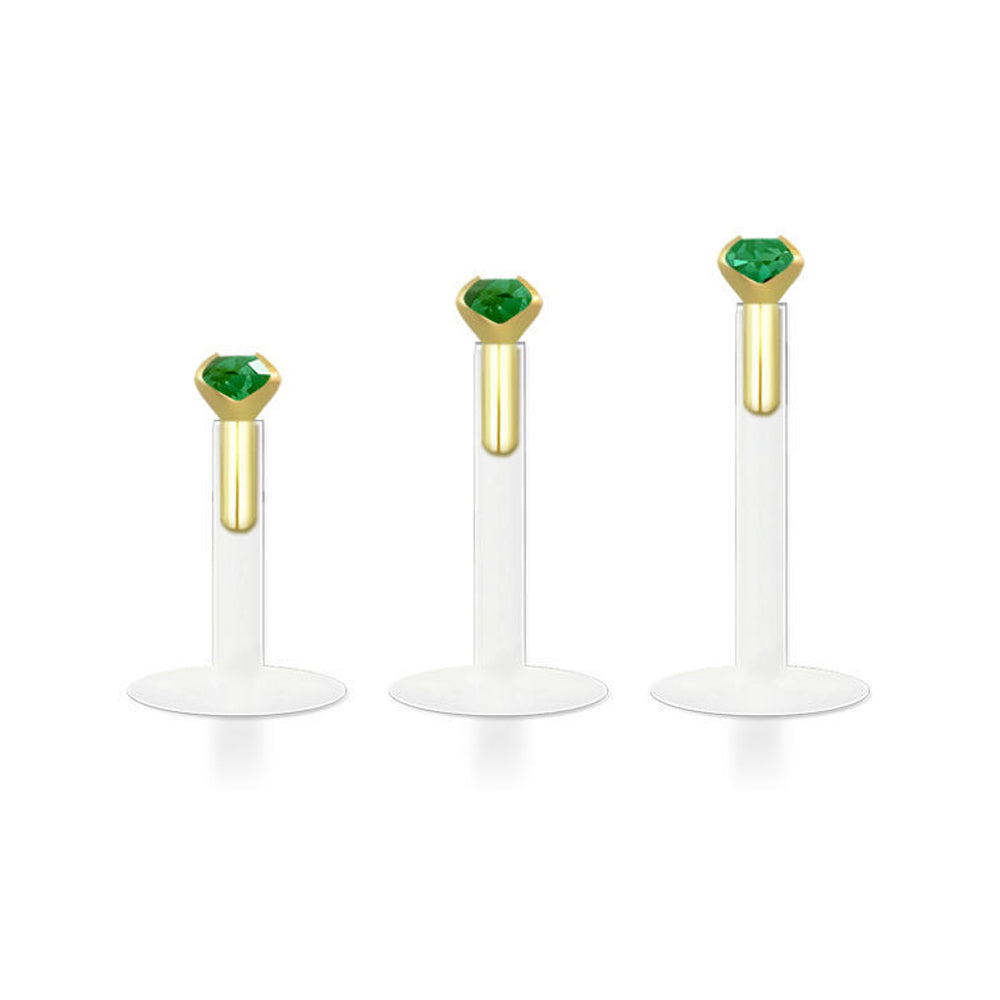 14K Gold & Bioflex 16 Gauge Push In Genuine CZ Top Labret Stud