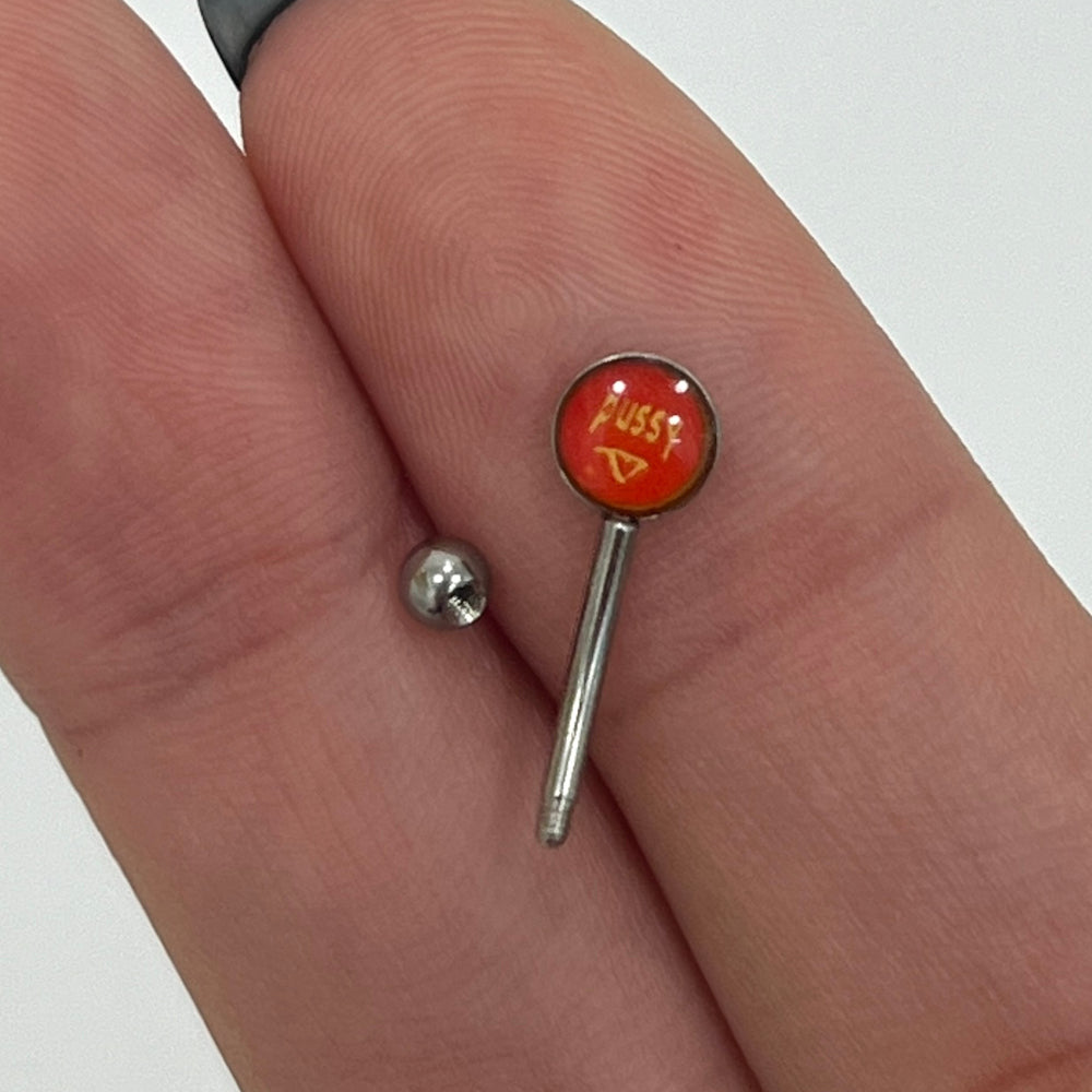 Surgical Steel 16 Gauge Curved Eyebrow Barbell with Logo Symbol Pussy - View 3