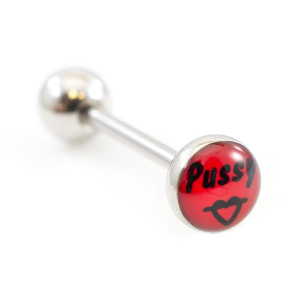 Surgical Steel Tongue Ring Straight Barbell 14 Gauge with Pussy Logo - Kruelty