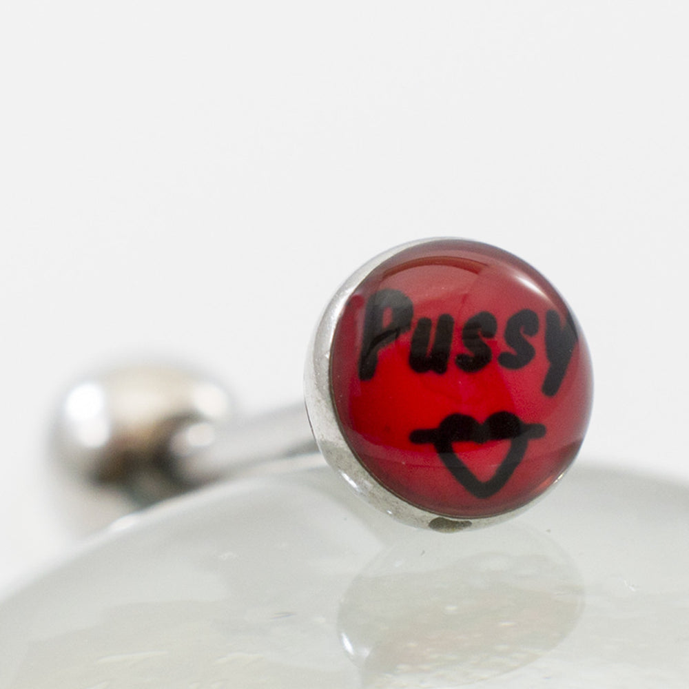 Surgical Steel 14 Gauge Tongue Barbell Ring with Pussy Logo - View 3