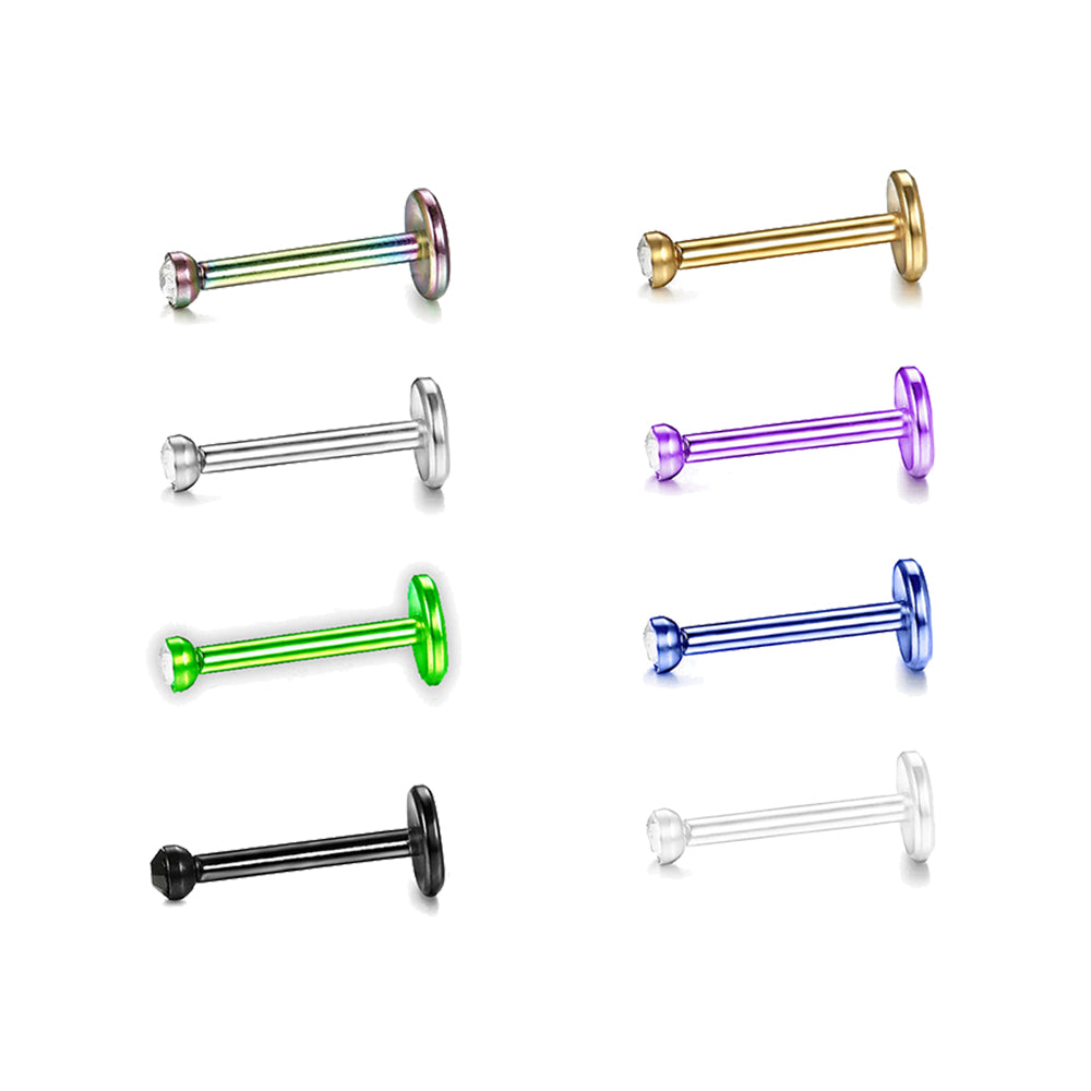 Surgical Steel 16 Gauge Flat Back Labret with Bezel Set CZ