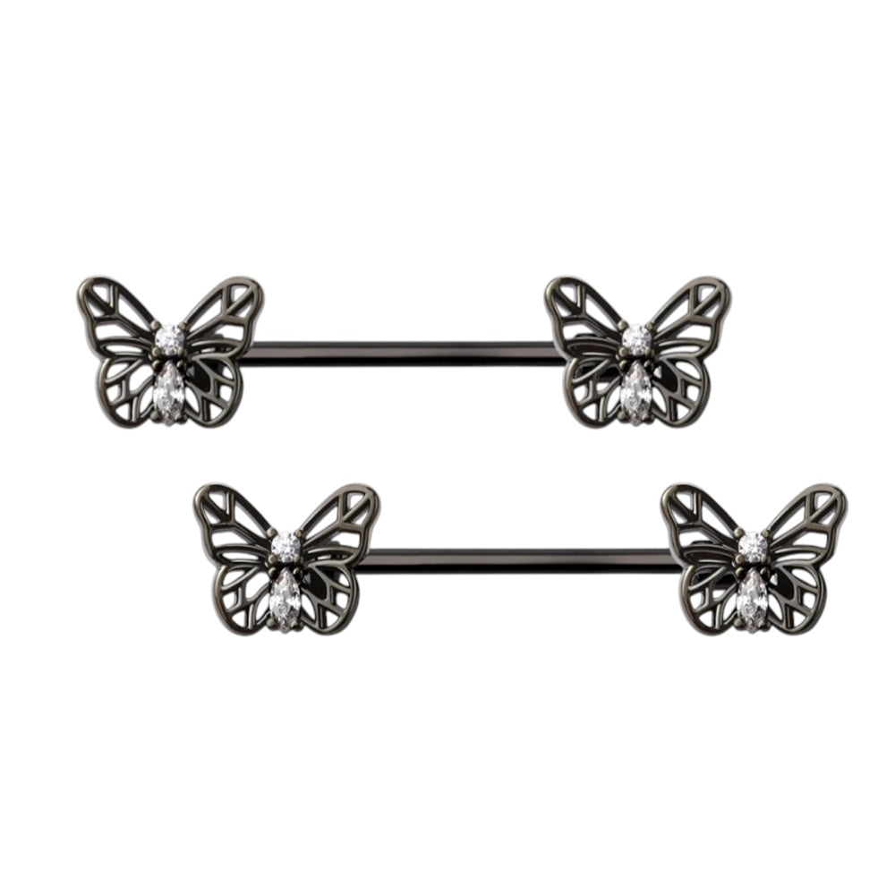 Surgical Steel 14 Gauge Nipple Barbell with CZ Butterfly - Pair