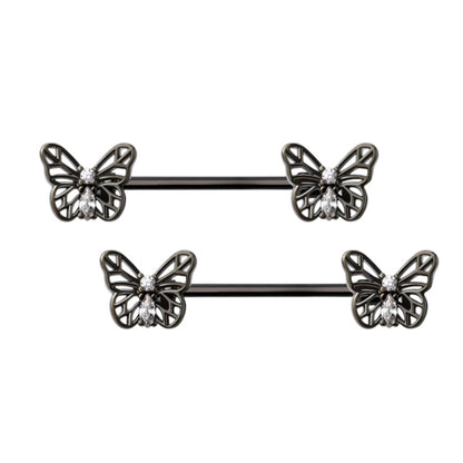 Surgical Steel 14 Gauge Nipple Barbell with CZ Butterfly - Pair