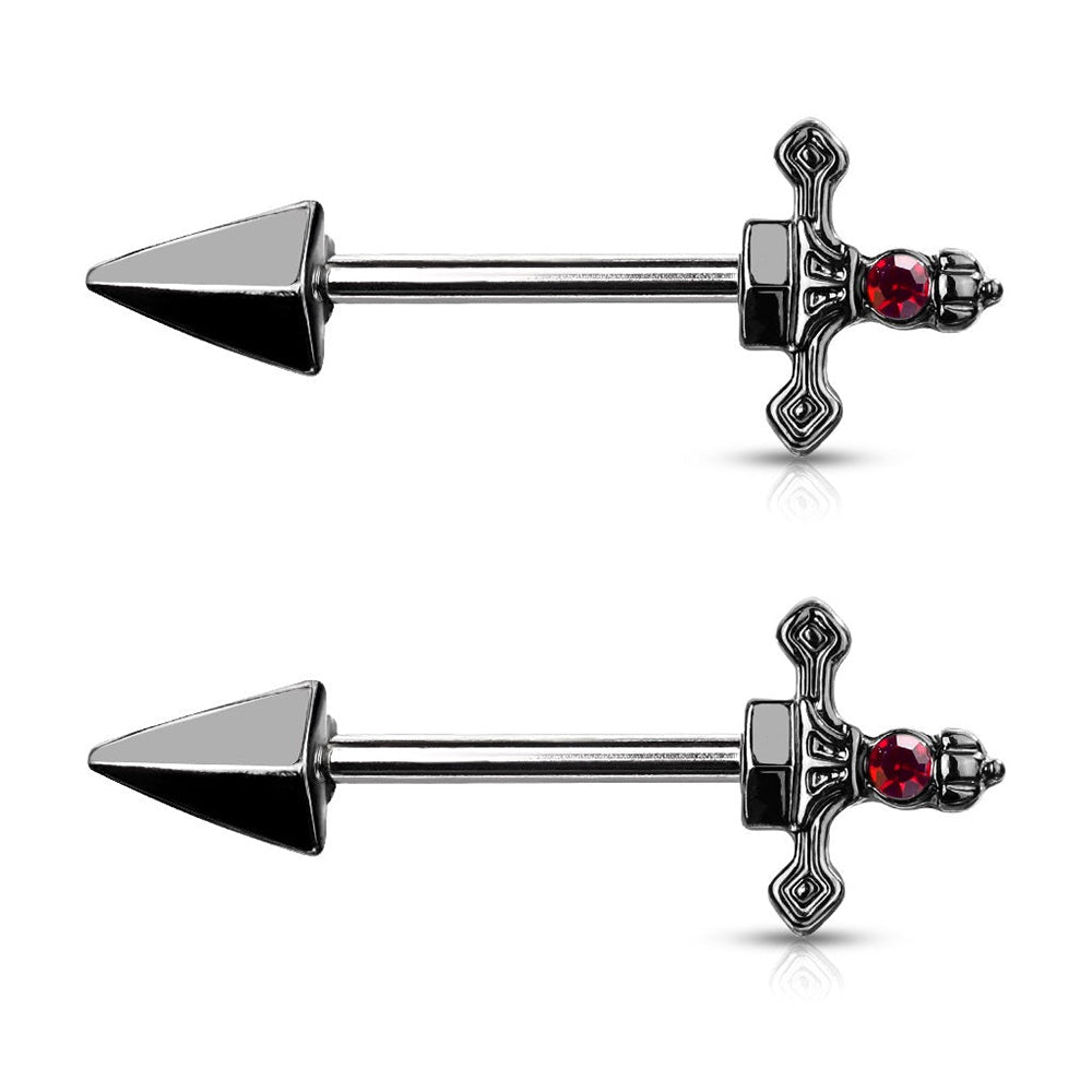 Surgical Steel 14 Gauge Nipple Barbell with Red CZ Dagger - Pair