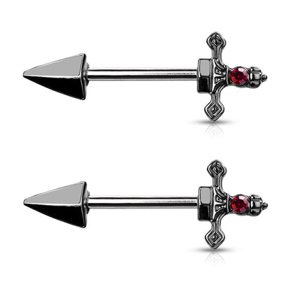 Surgical Steel 14 Gauge Nipple Barbell with Red CZ Dagger - Pair