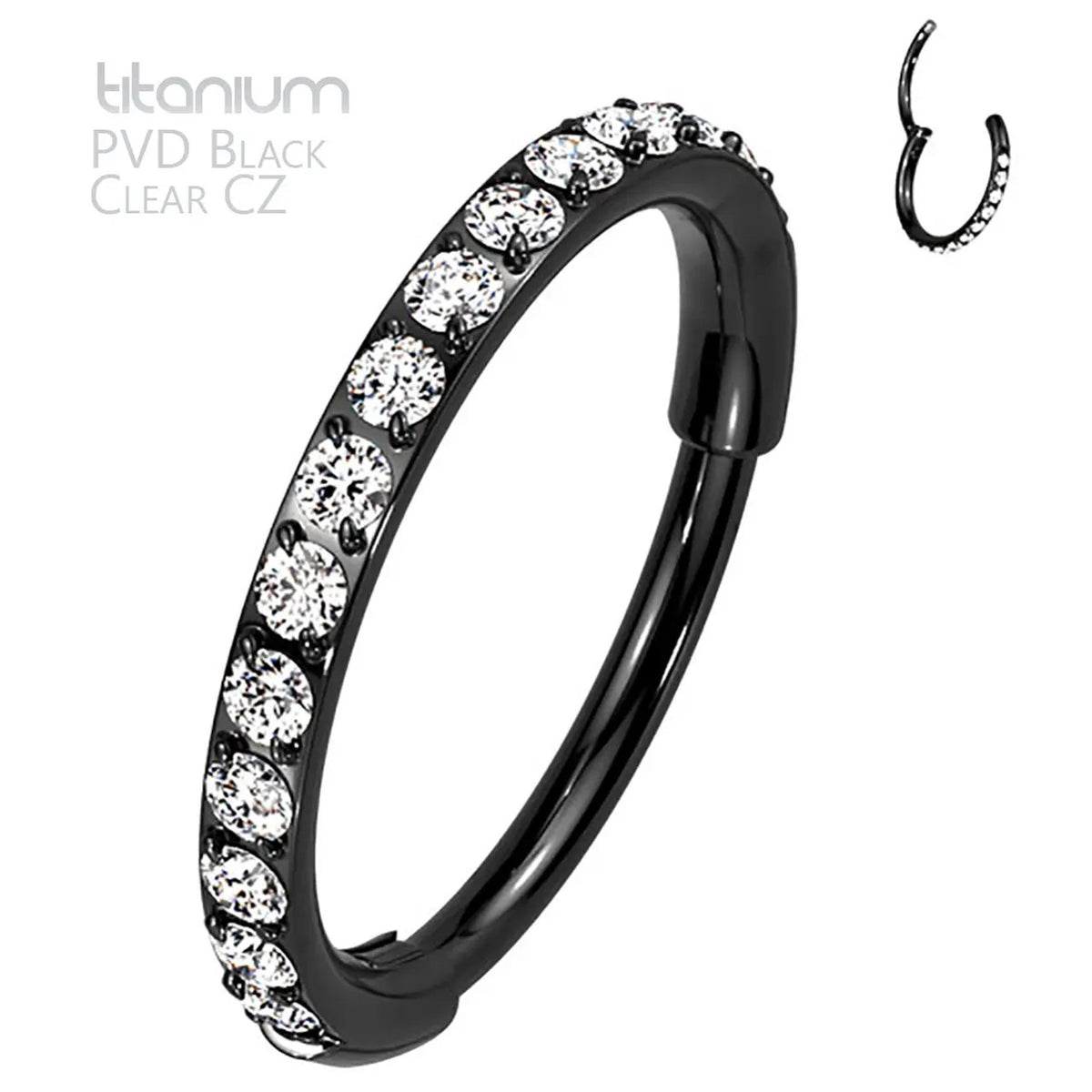 Titanium 20 Gauge Hinged Nose Ring CZ Hoop with Paved Clicker - photo 4