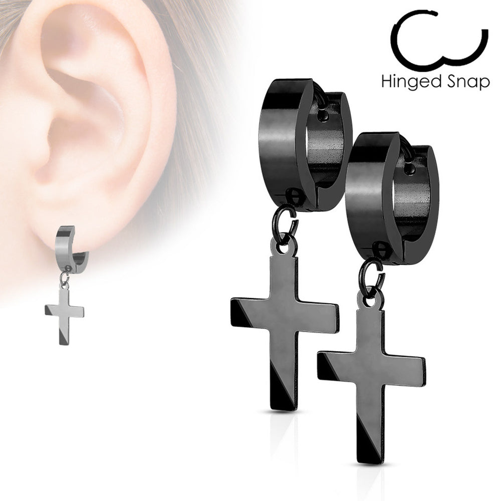 Surgical Steel 20 Gauge Gold Dangle Cross Hinged Hoop Earrings - Pair