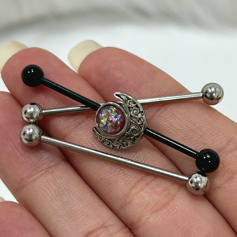 Surgical Steel 14 Gauge Industrial Barbell AB Opal Crescent Moon - photo 4