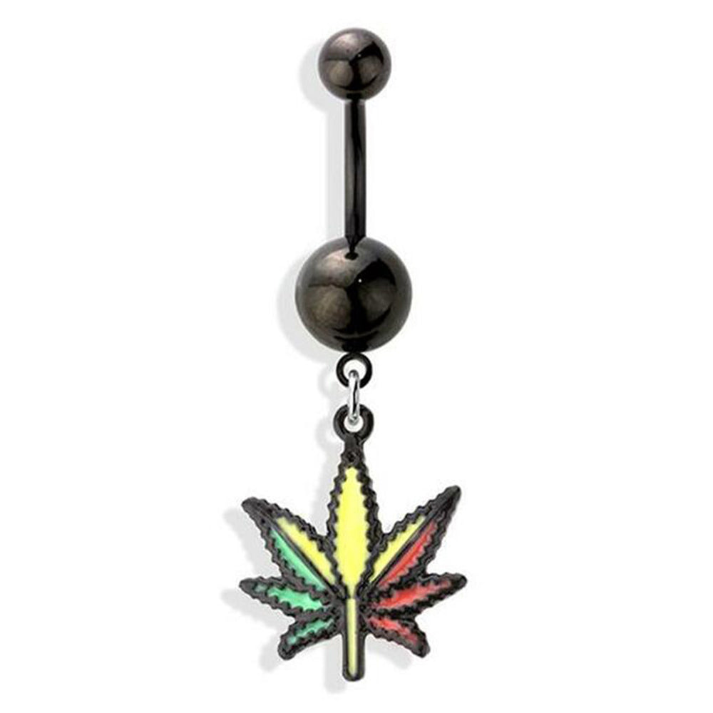 Surgical Steel 14 Gauge Belly Ring with PVD Black Marijuana Dangle