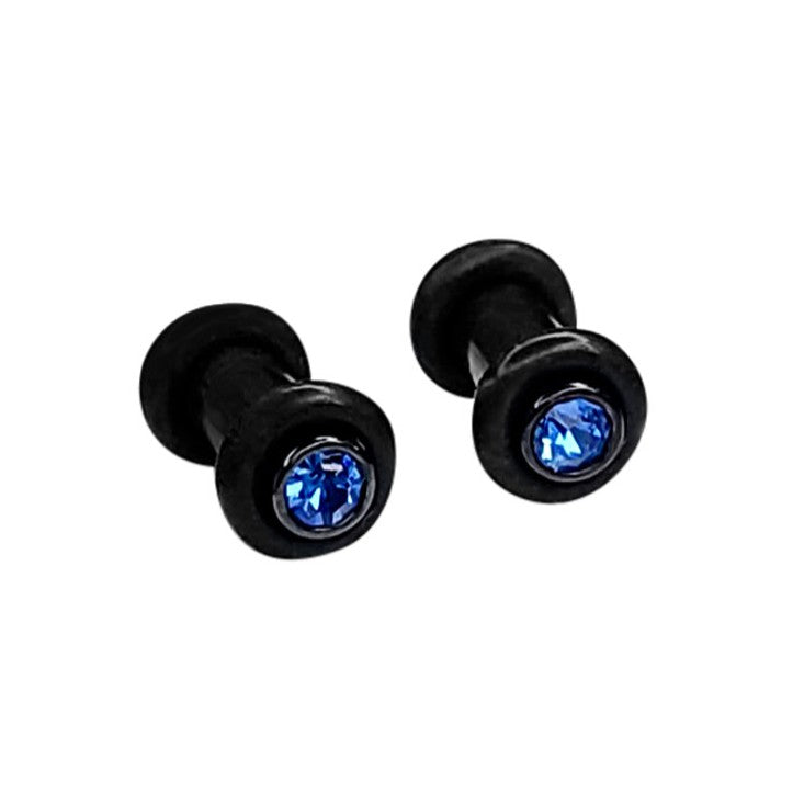 Surgical Steel 8 Gauge Ear Plugs with Blue CZ and Black O-Rings - Pair
