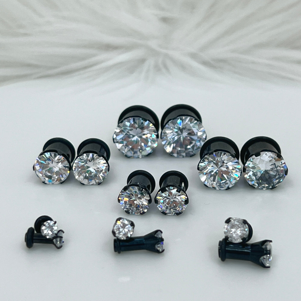 Black Surgical Steel 8 to 9/16 Inch Single Flare Plugs with CZ - Pair