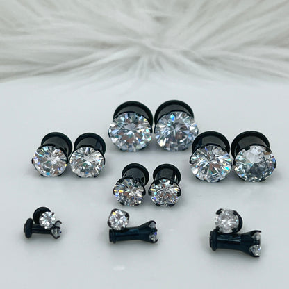 Black Surgical Steel 8 to 9/16 Inch Single Flare Plugs with CZ - Pair