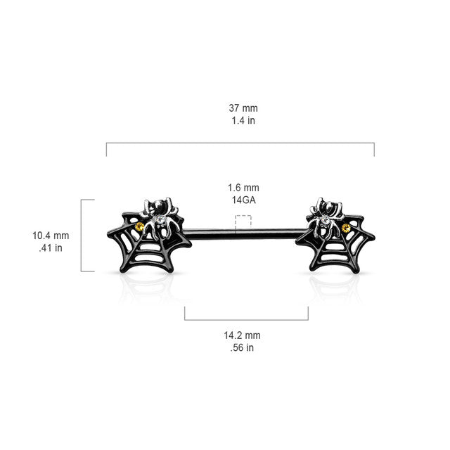 Surgical Steel Nipple Barbell 14G 14mm with Black Spider Web - Pair - photo 3