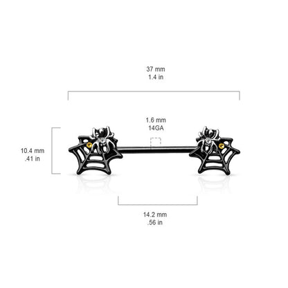 Surgical Steel Nipple Barbell 14G 14mm with Black Spider Web - Pair - photo 3