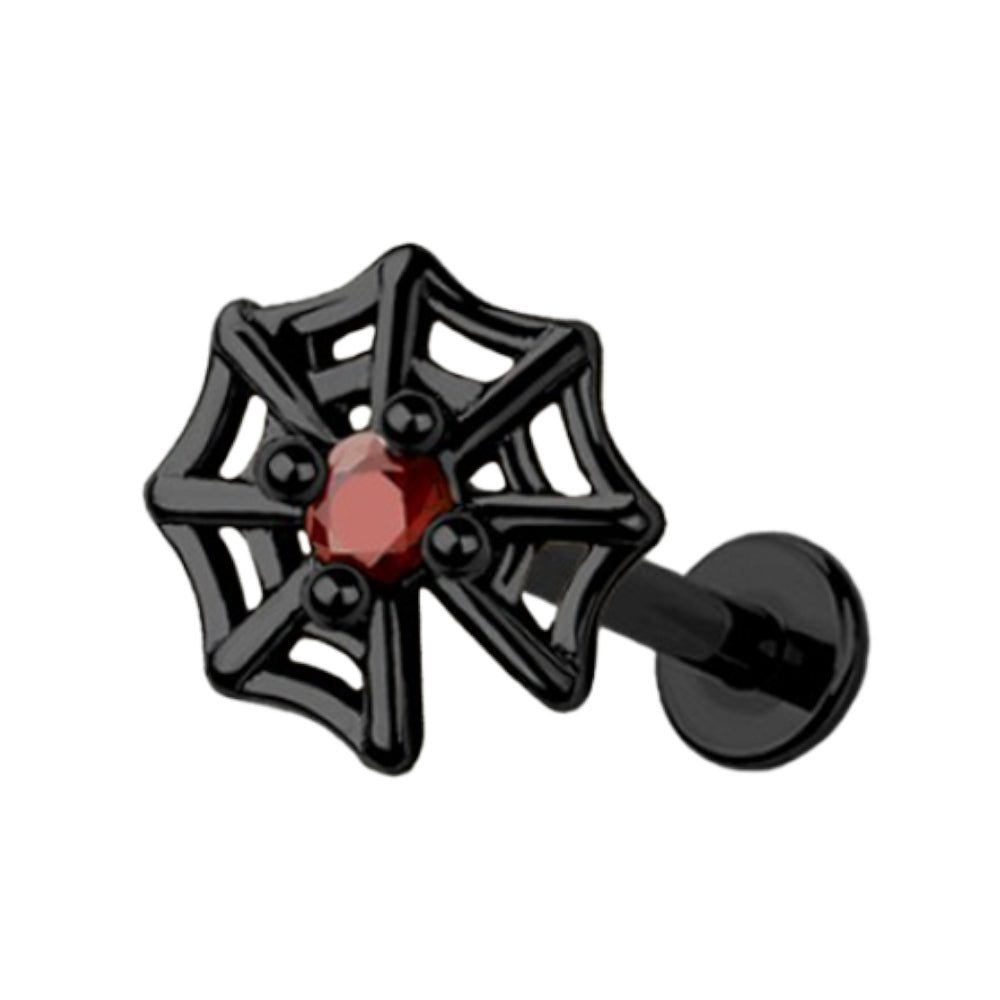 Surgical Steel Flat Back Labret Stud 18G 8mm with Red CZ Spider Web - photo 4