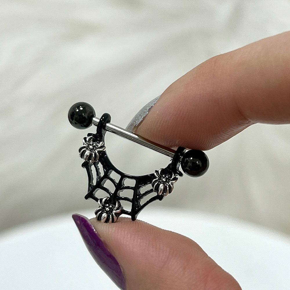 PVD Black Surgical Steel 14G Spiders on Web Dangle Nipple Barbell