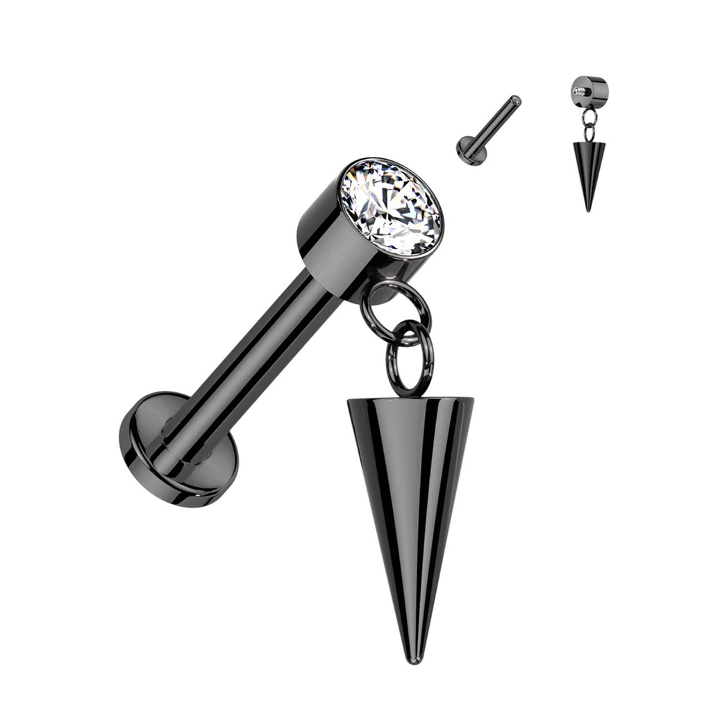 Titanium 16 Gauge Dangling Spike CZ Flat Back Labret Stud
