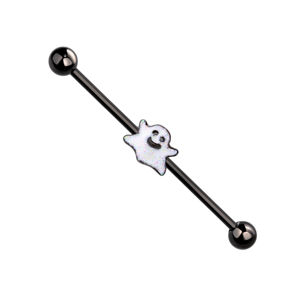 Surgical Steel 14 Gauge Industrial Barbell with Spooky Smiley Ghost
