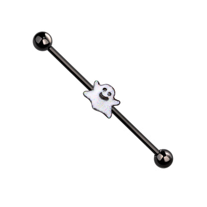 Surgical Steel 14 Gauge Industrial Barbell with Spooky Smiley Ghost