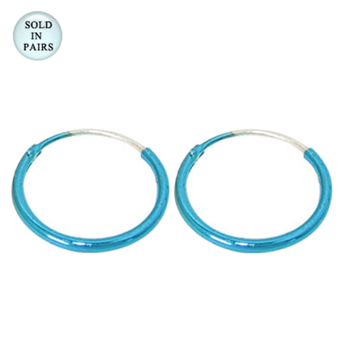.925 Sterling Silver 20 Gauge PVD Cyan Hoop Earrings 12mm - Pair