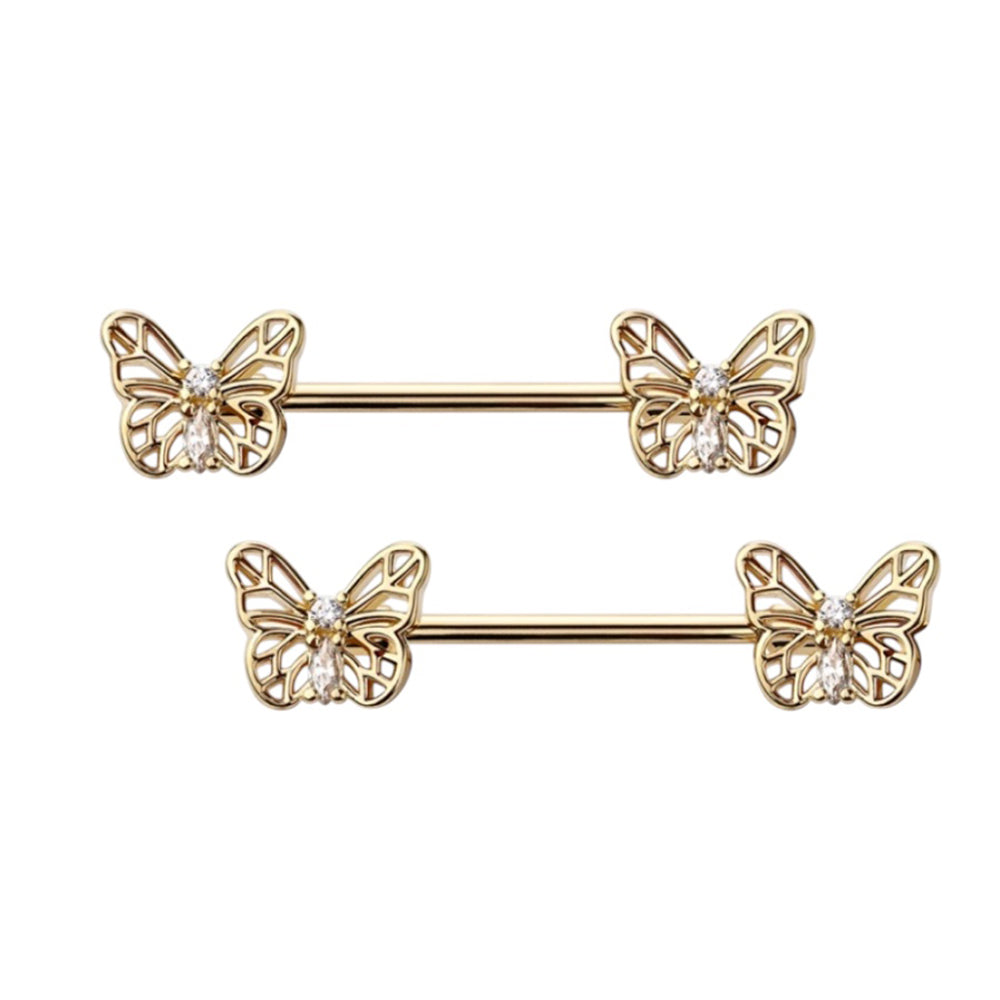 Surgical Steel 14 Gauge Nipple Barbell with CZ Butterfly - Pair