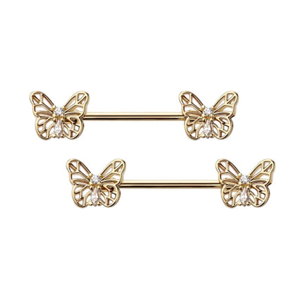 Surgical Steel 14 Gauge Nipple Barbell with CZ Butterfly - Pair