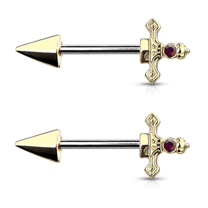 Surgical Steel 14 Gauge Nipple Barbell with Red CZ Dagger - Pair