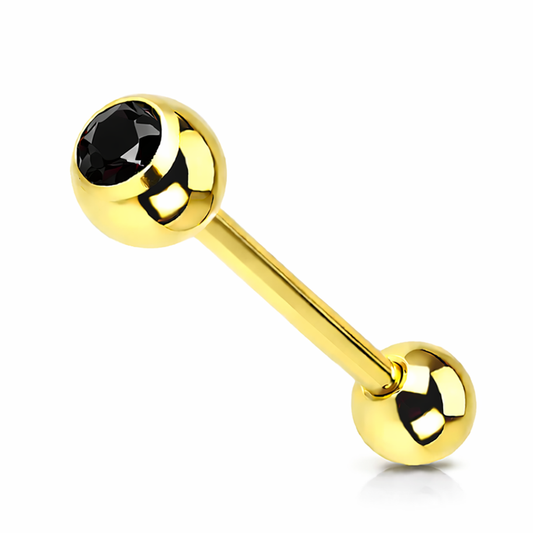 Surgical Steel 14 Gauge Gold Tongue Barbell with Black CZ