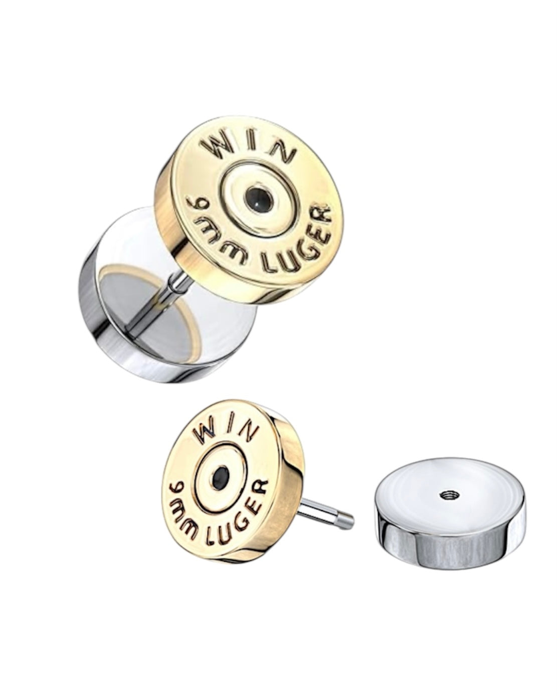 Surgical Steel 16 Gauge Fake Plugs with PVD Gold Bullet Backs - Pair - photo 3