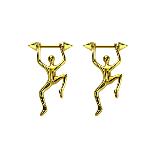 Surgical Steel 14 Gauge Nipple Barbell with Gold Climbing Figure - Pair