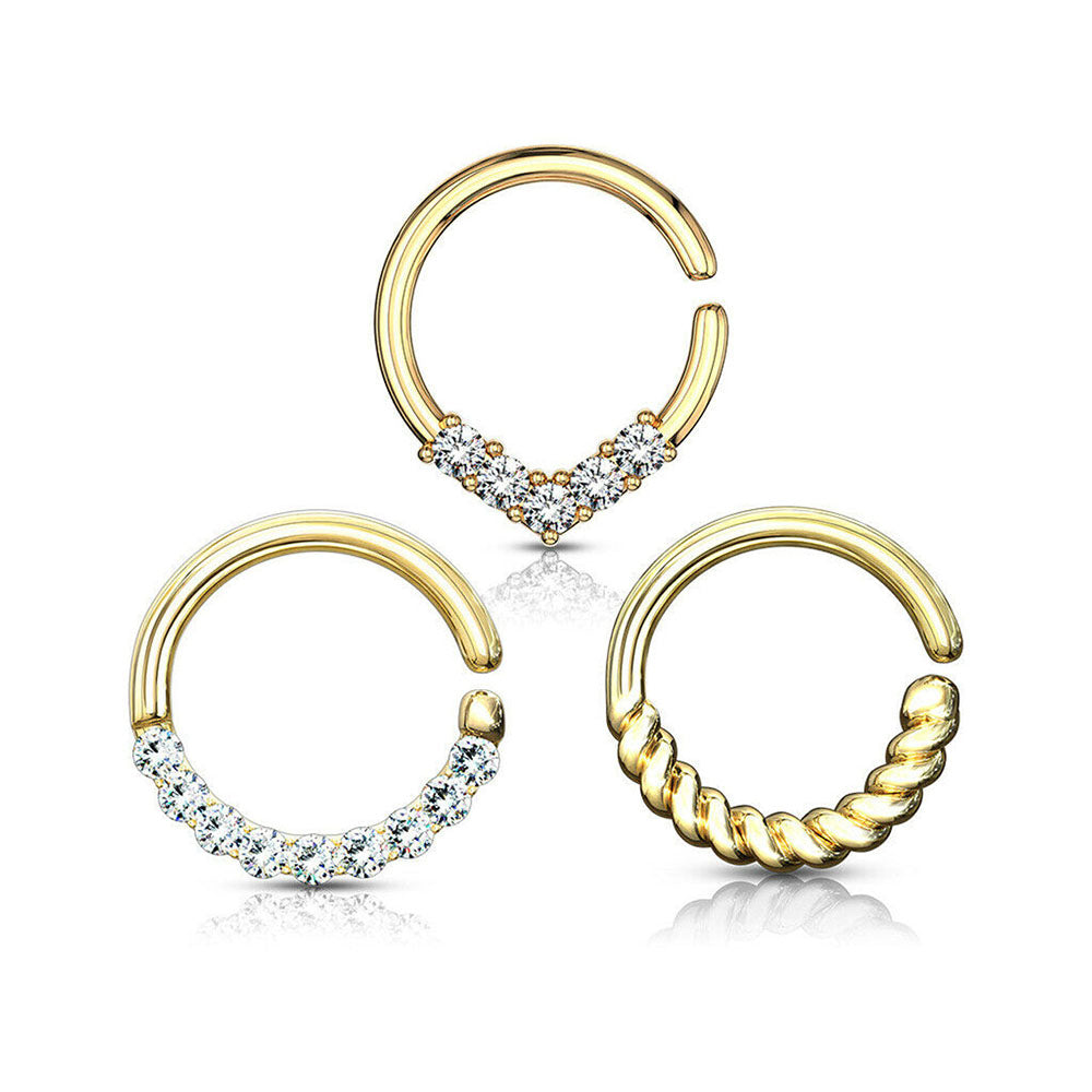Surgical Steel 16 Gauge Crystal CZ Bendable Hoop Nose Rings - 3 Pack