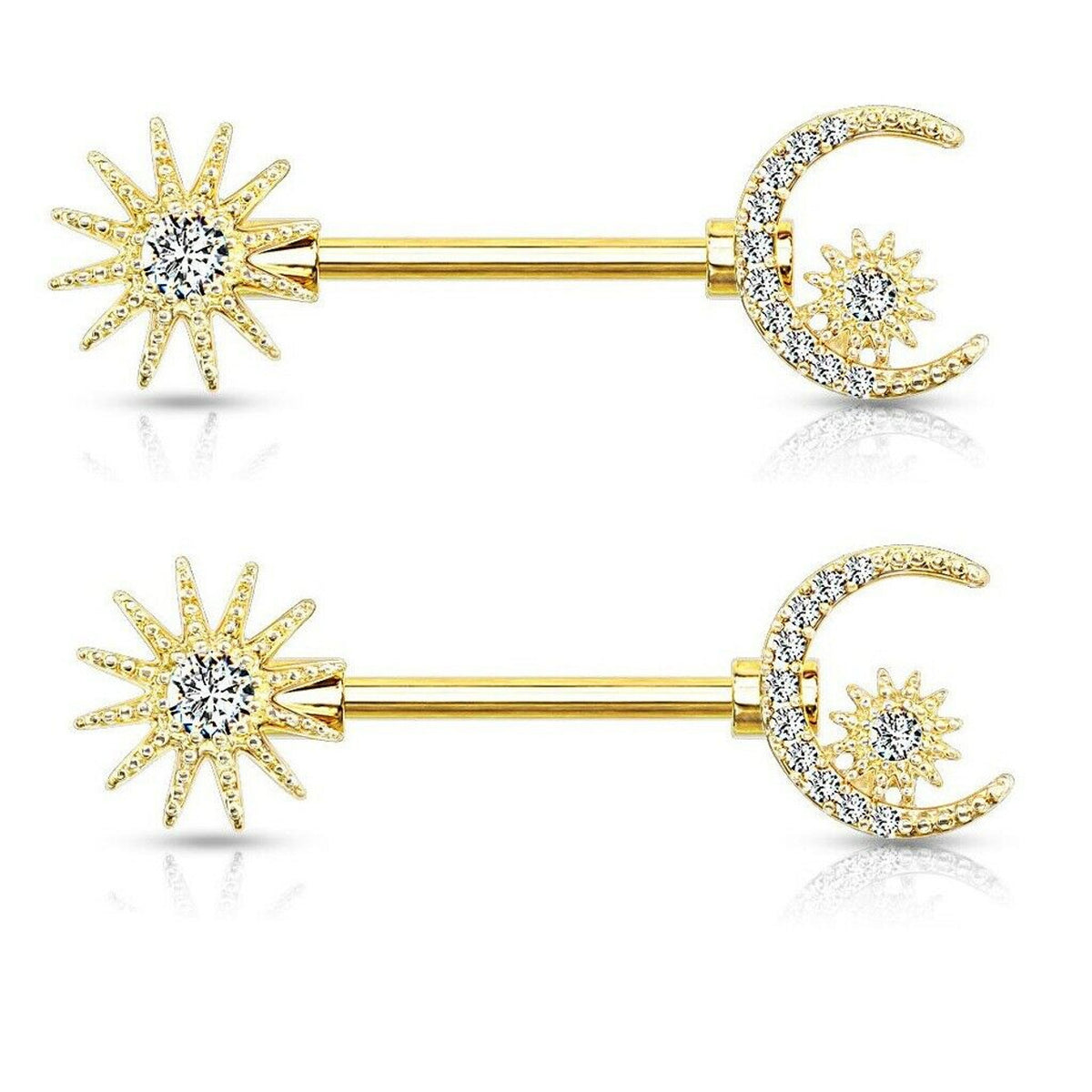 Surgical Steel 14 Gauge Nipple Barbell with CZ Moon and Star - Pair - photo 4