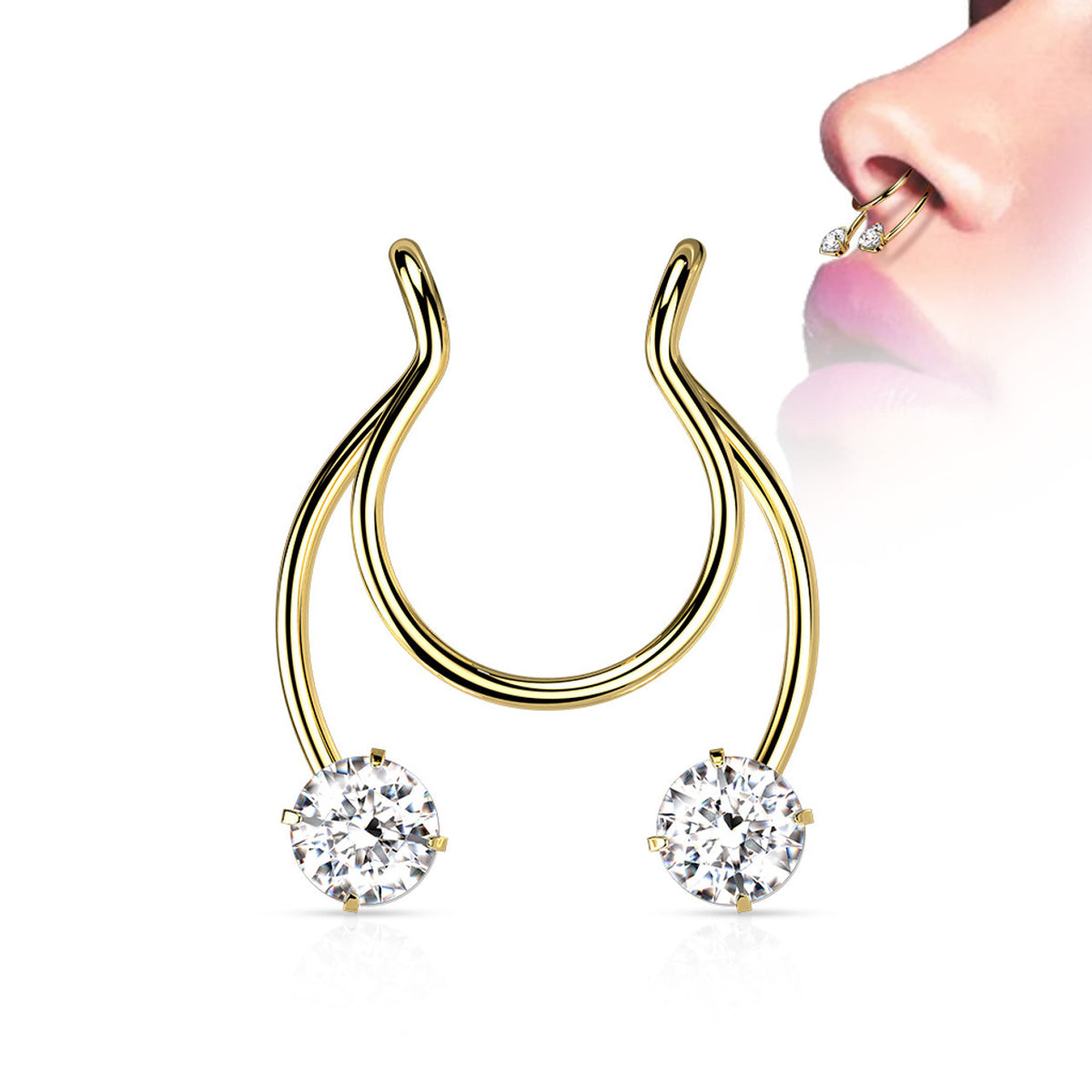 Surgical Steel Horseshoe CZ Fake Clip On Ring