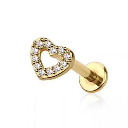 Surgical Steel 16 Gauge Flat Back Labret Stud with CZ Heart