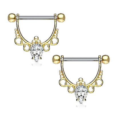 Surgical Steel 14 Gauge Nipple Shield Rings with CZ Pear Dangle - Pair - photo 2