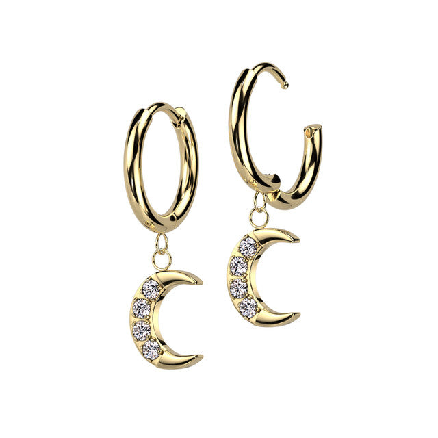 Surgical Steel Huggie Hoops 20G with Crescent Moon CZ Dangle - Pair - photo 3