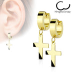 Surgical Steel 20 Gauge Gold Dangle Cross Hinged Hoop Earrings - Pair