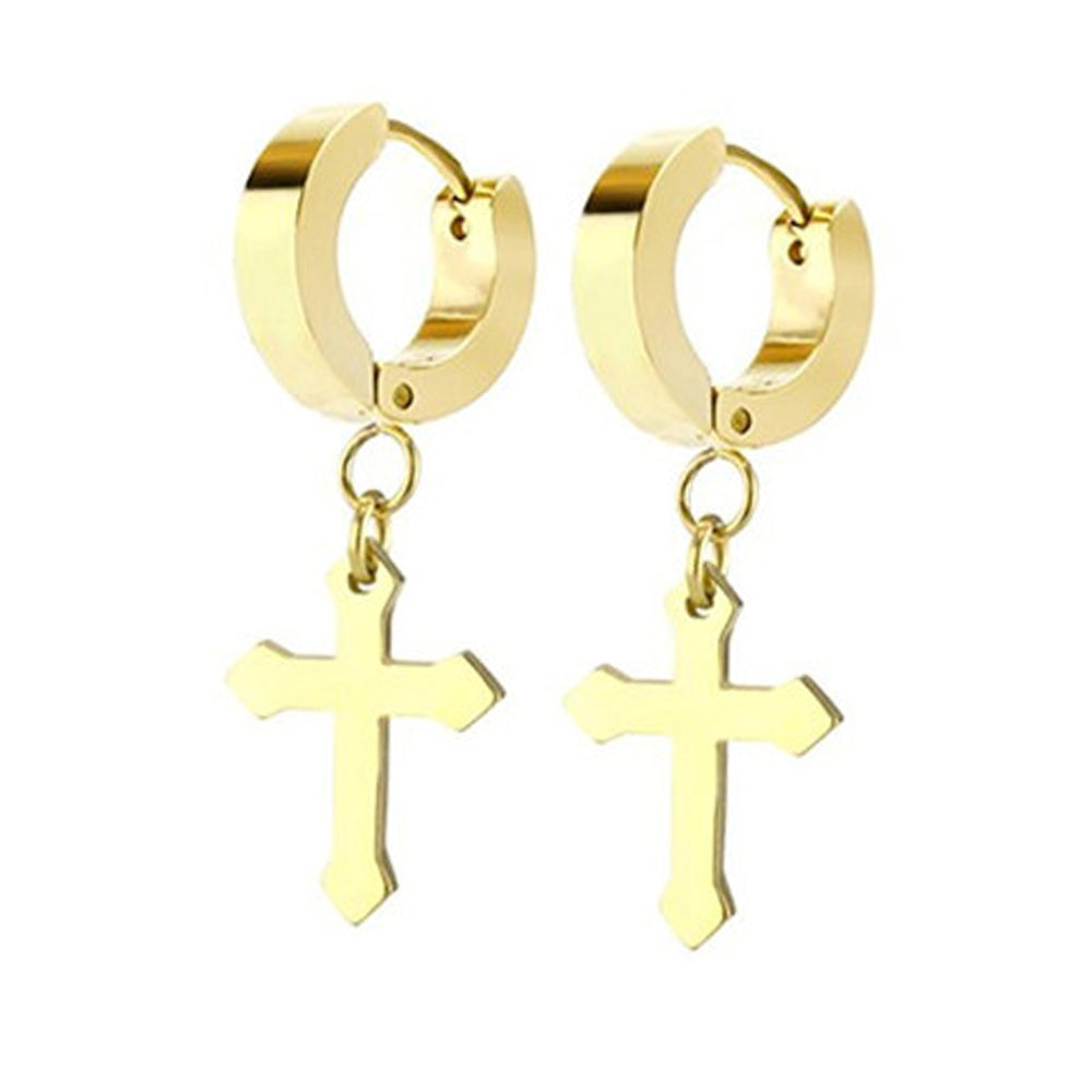 Surgical Steel Dangle Cross Huggie Earrings - Pair