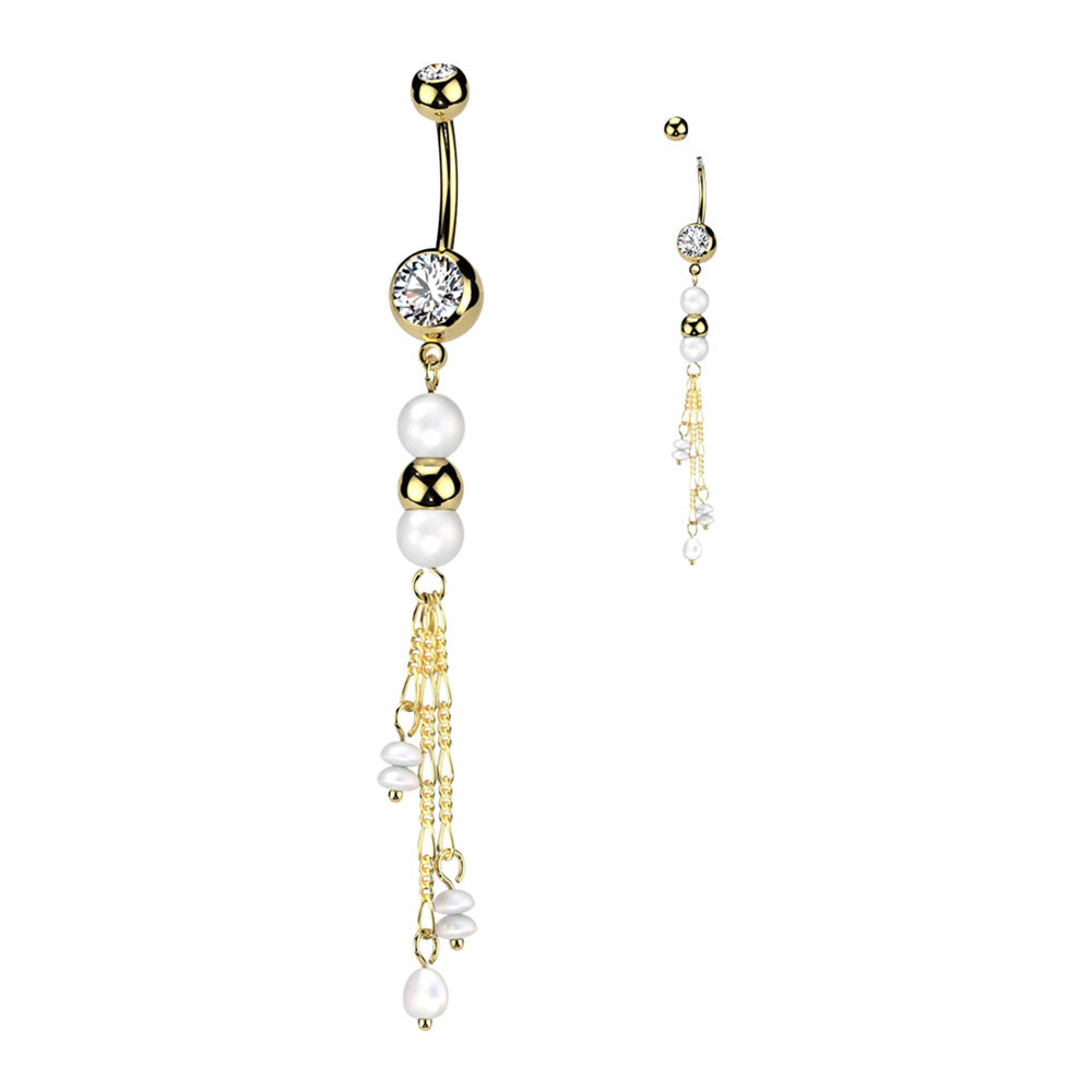 Surgical Steel Belly Ring 14G 10mm with Pearl & CZ Chain Dangle - photo 8